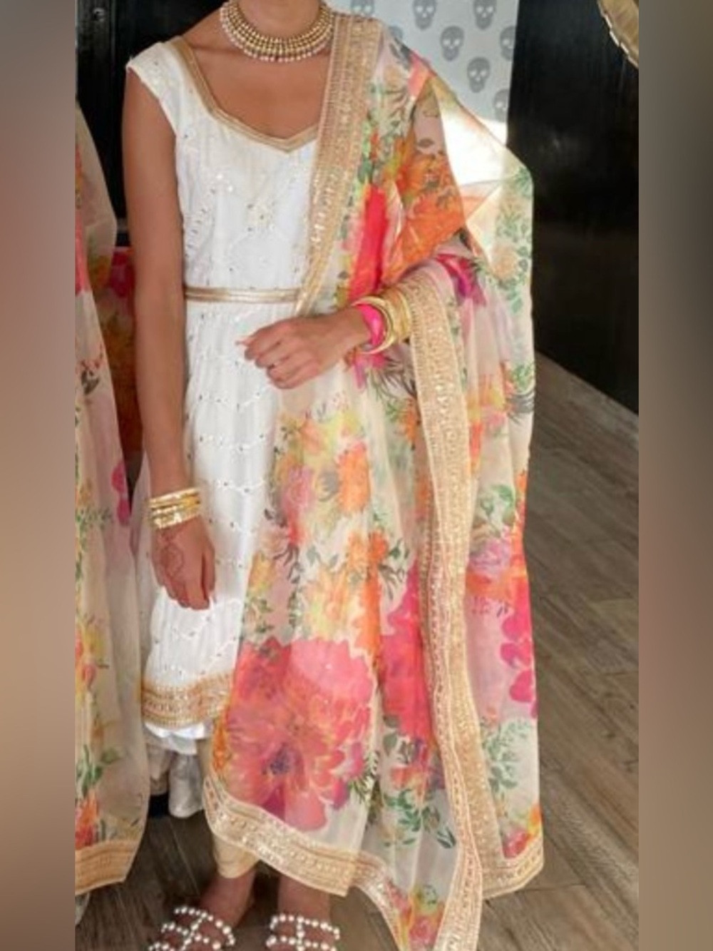 White and gold high low anarkali suit